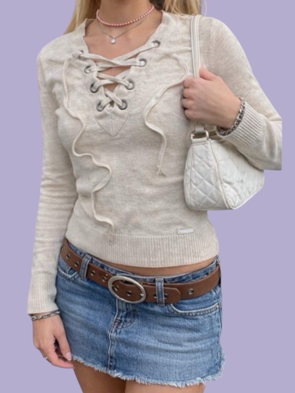 2000s Abercrombie &  Fitch  Vintage Y2K Ivory Lace Up V-Neck Sweater